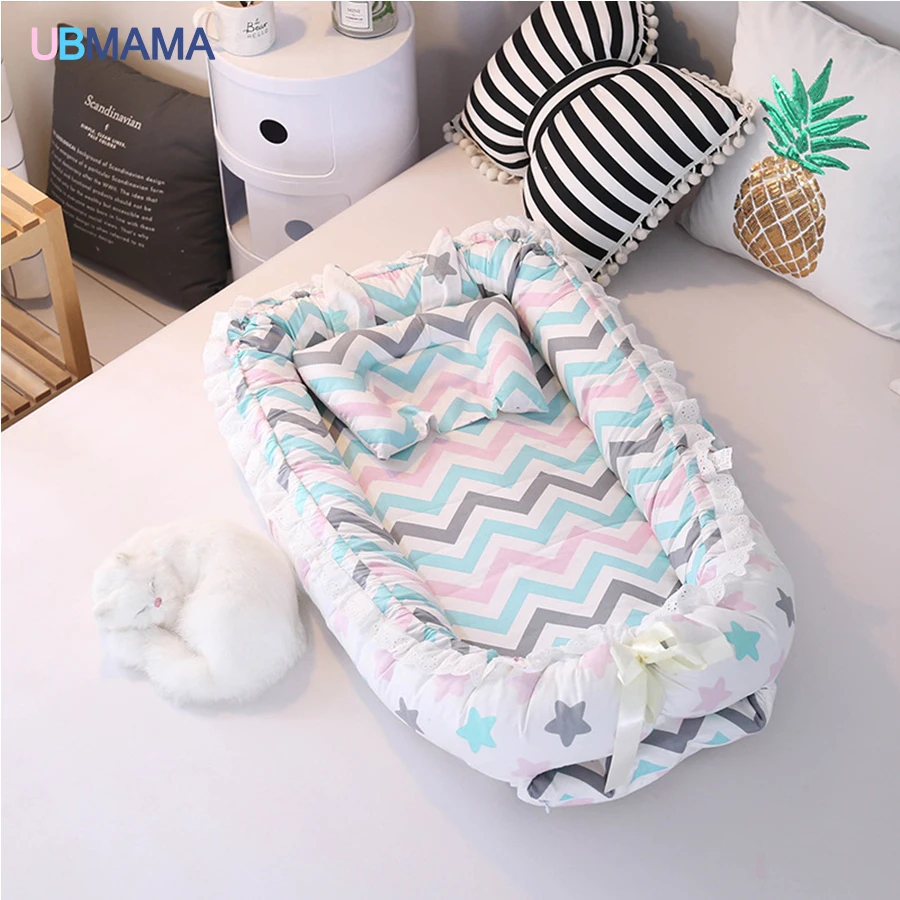 Dorminhoco do Bebê Recém-nascidos de Algodão Rendas de Alta Viagem Simples Lindo Travesseiro Dobrável Portátil Stripde Qualidade Sólida Berço Cama Macia 20 Mamãe e Bebê