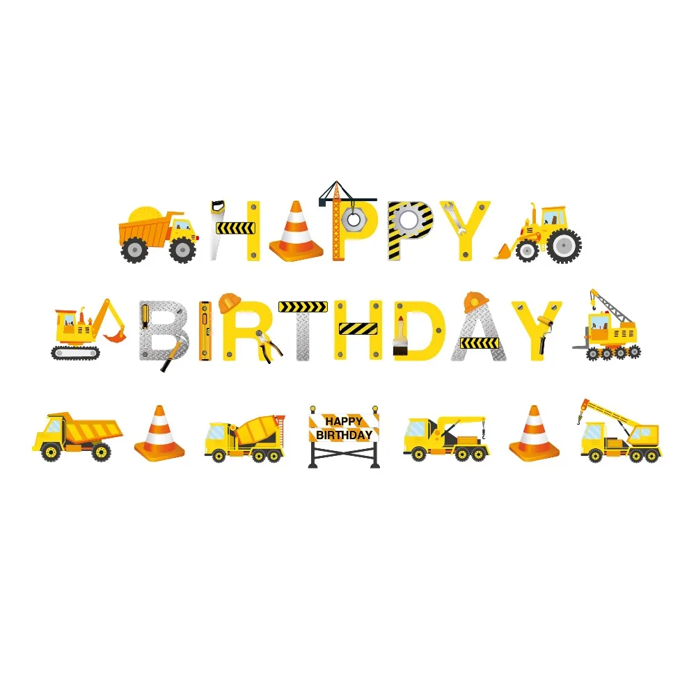 Cartoon Car Excavator Party Banners Construction Theme Happy Birthday Party Decoration Kid's Birthday Party Favor Supplies