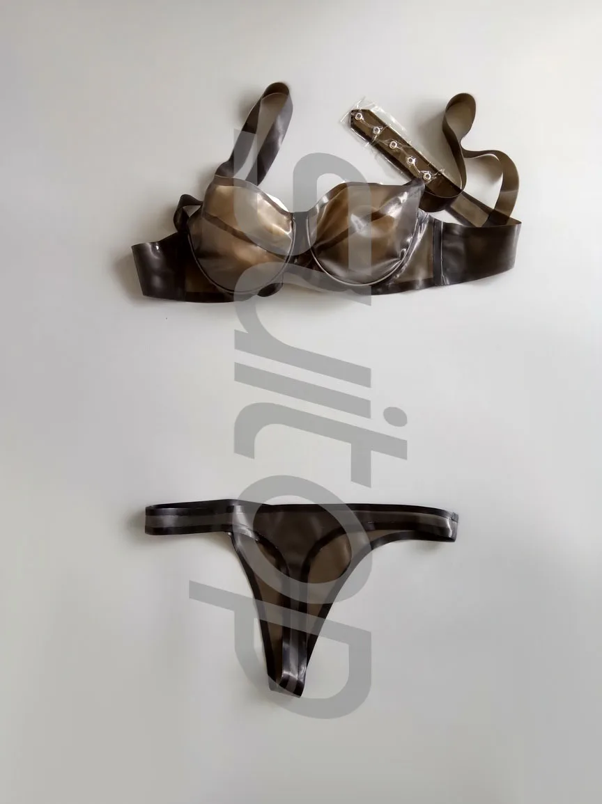 

sexy rubber latex underclothes suit (bra+thong) in transparent black and black trim size custom made