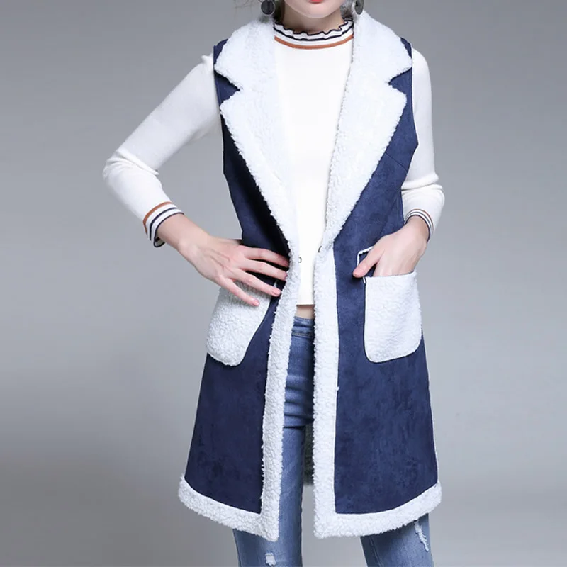 Winter Women Vest Waistcoat Women's Sleeveless Vest Jacket Long Patchwork Faux Suede Vests Coat Female Waistcoats Long Denim
