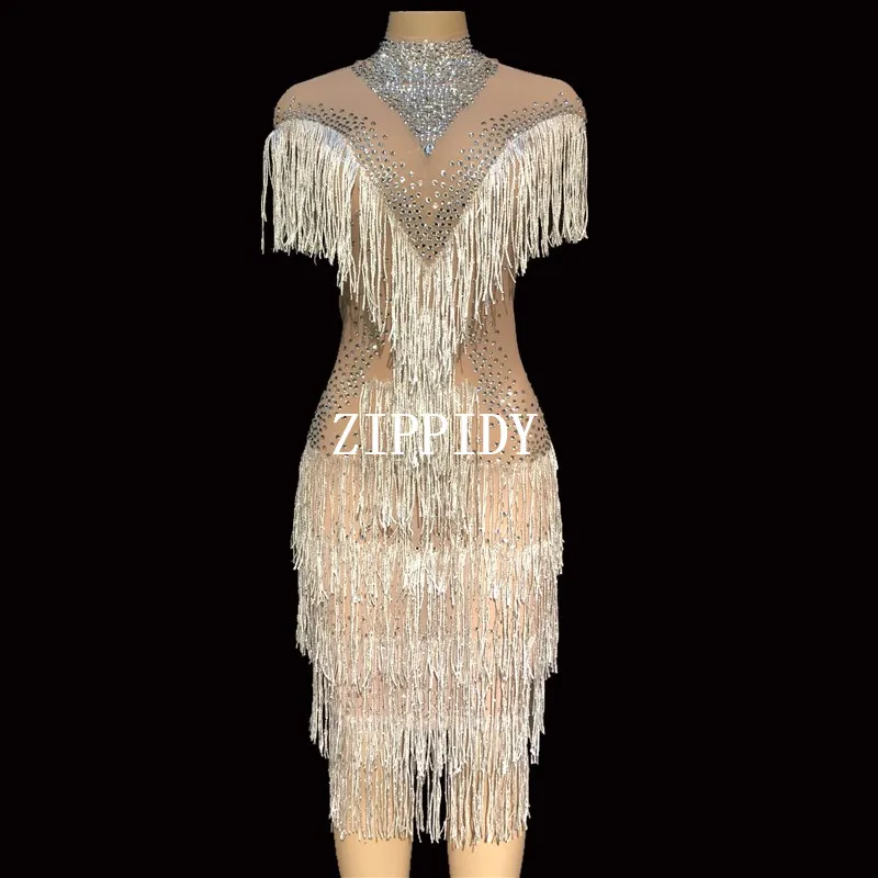 

Luxurious Stones Mesh See Through Dress Women Fashion Birthday Dress Stage Female Singer Show Birthday Evening Party Dress