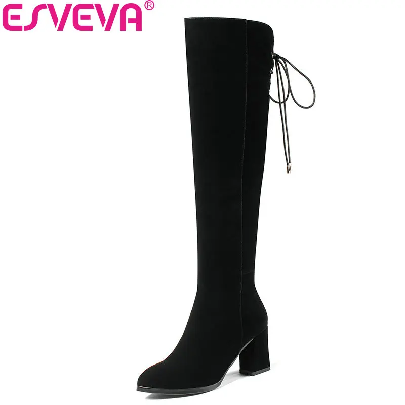 

ESVEVA 2018 Women Boots Handmade Short Plush Pointed Toe Knee-high Boots Square High Heel Slim Look Ladies Long Boots Size 34-40