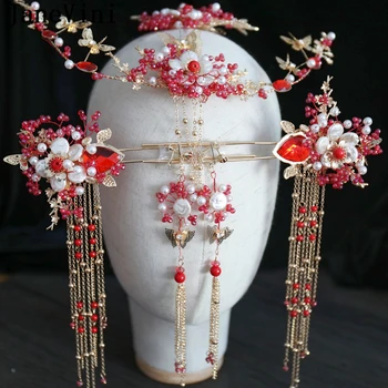 

JaneVini Luxury Chinese Bridal Jewelry Headdress Ancient Red Hairpins Beaded Brides Crown with Earrings Wedding Hair Accessories