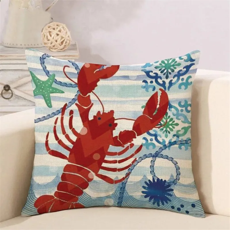 Sea Turtle Printed Starfish Cushion Cover 45x45cm Hot Linen Conch Throw Pillow Cover Decorative Red Shrimp Hippocampus Pillows