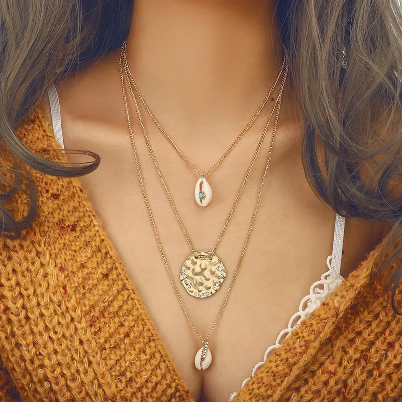 

Gold Link Chain Layered Necklace for Women Summer Beach Jewelry Bohemian Sea Shell Pendant Necklace Boho Women's Chockers 2019