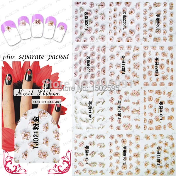 

2015 HOTSALE 3D sticker 20Sheet/LOT Glod-lined pink  Nail Sticker Flower Nail Art  sticker Design for nail art +Separate Packed