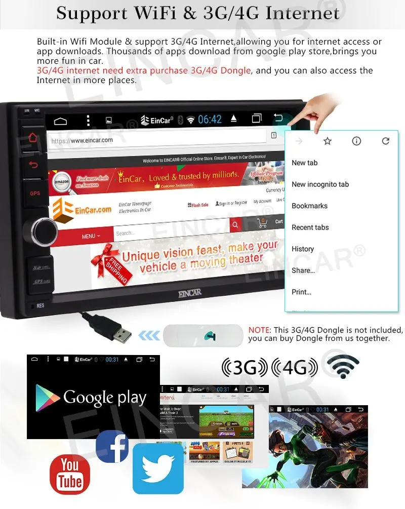 Clearance Rear Camera with Car Radio Stereo Android6.0 Mashmallow HD Capacity Screen support 1080P Video GPS External Microphone included 3