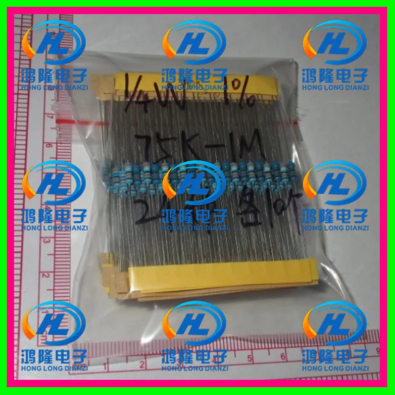 240PCS/lot 1/4W 24valuesX10pcs=240pcs Metal Film Resistor Kit 75K~1M