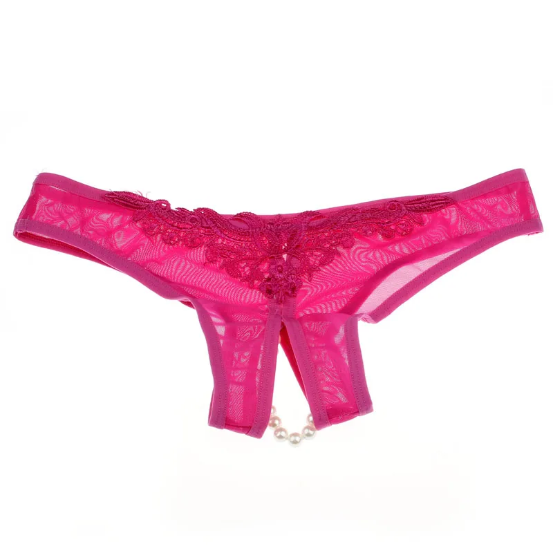 Женские сексуальные трусики, нижнее белье с открытой промежностью, перламутровые стринги, бесшовные кружевные подштанники, прозрачные женские сексуальные кружевные трусы - Цвет: Hot Pink
