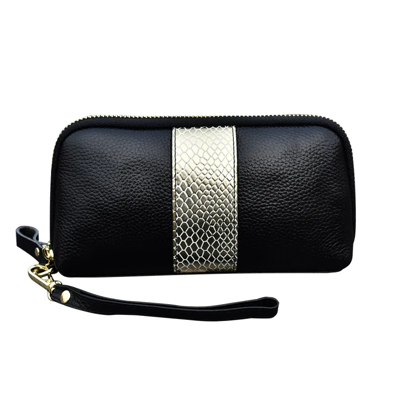 

KANDRA 2019 Black Genuine Leather Long Wallet for Women Clutch Gold Snakeskin Wallets Card Holder Coin Purse Quality Travel Gift