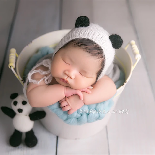 Newborn Panda Bear bonnet and stuffed toy. Knitted baby photo prop