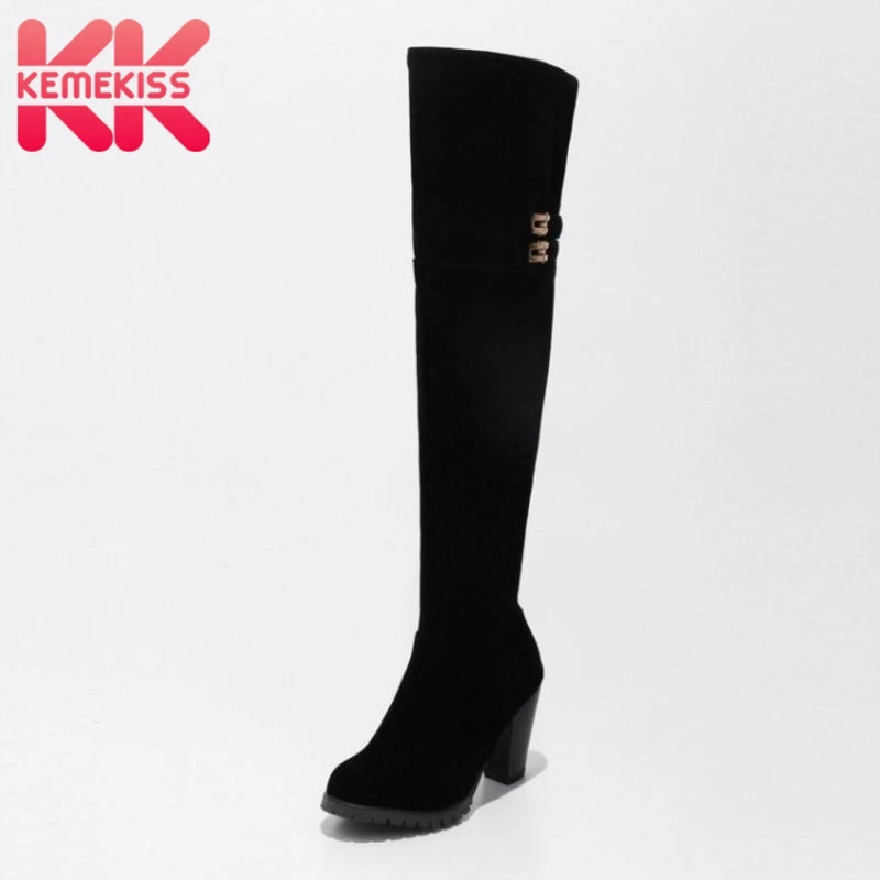 

KemeKiss Women Over Knee Boots Zipper Metal Buckle High Heel Boots Wamr Fur Shoes Women Cold Winter Long Women Botas Size 34-39