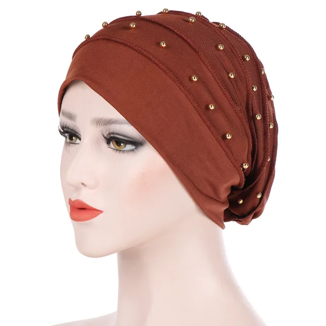 Muslim Women Stretch Cotton Ruffle Bead Turban Hat chemotherapy Chemo Beanies Caps Headwrap Hair Loss For Cancer Accessories Brown