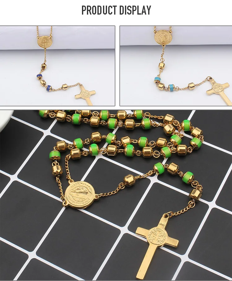 FINE4U N174 ожерелье с подвеской в виде Креста для мужчин и женщин из нержавеющей стали 6 мм бусины четки ожерелье с христианским Иисусом религиозное ювелирное изделие