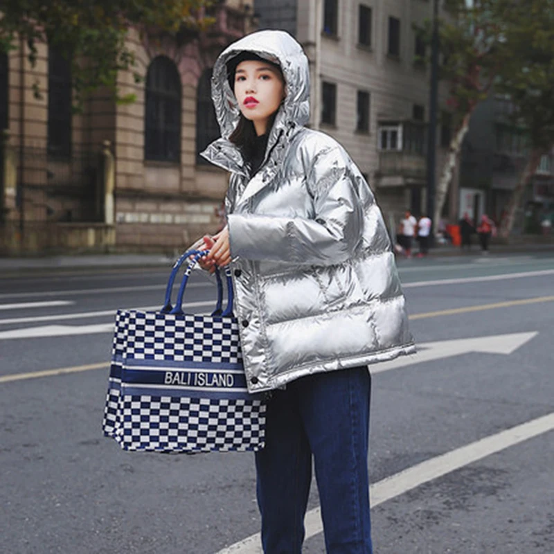 

2018New winter Glossy Silver Women down jacket Women's mid-Length down jacket Warm Coat for Women High Quality Hooded Jacket Hot
