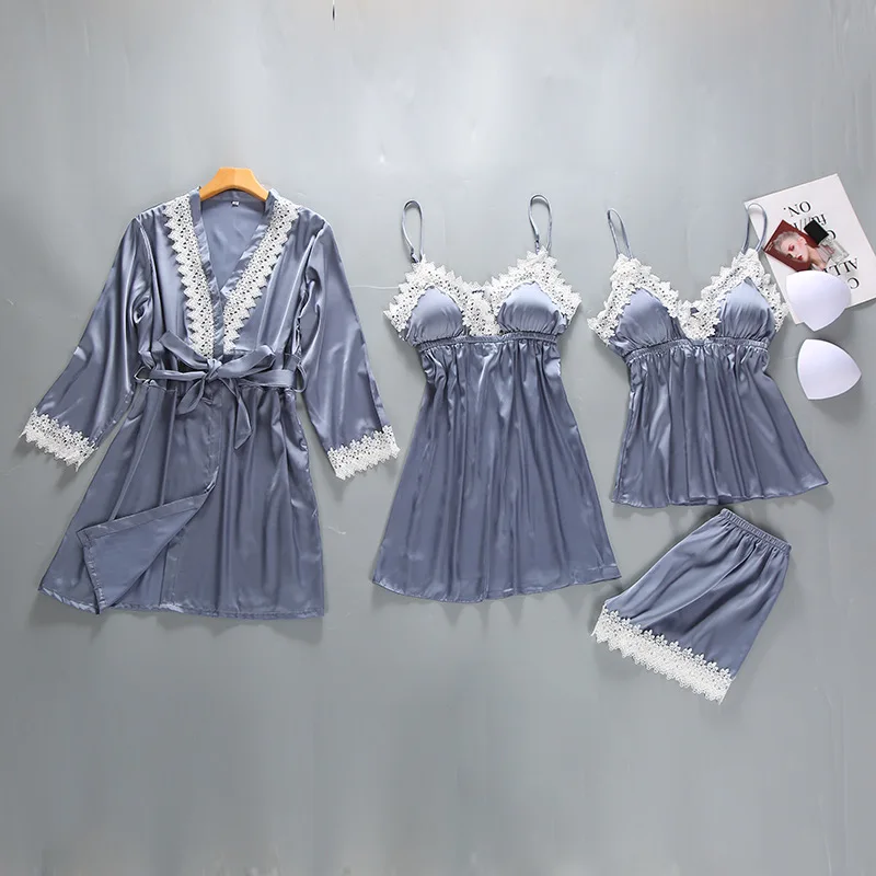 Серый женский комплект из 4 предметов: топ на бретелях и штаны, пижама комплекты одежды для сна, весенне-осенняя домашняя ночная рубашка, сексуальный халат из искусственного шелка, банный Халат