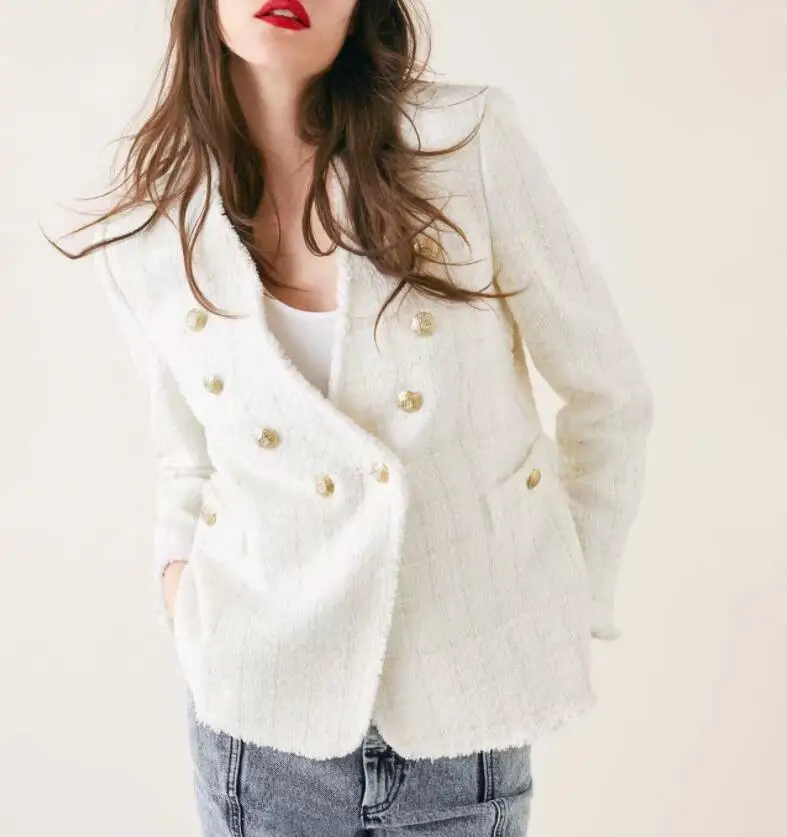 

2019 new women's coat Fringe buttoned V-neck weave tweed jacket temperament casual top Spring woman high quality office outwear
