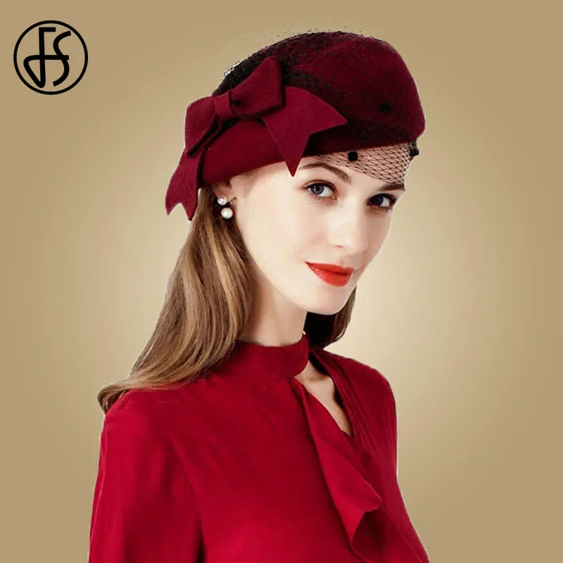 FS Fascinator Wine Red Pillbox Hats With Veil Ladies Wool Felt Fedoras ...