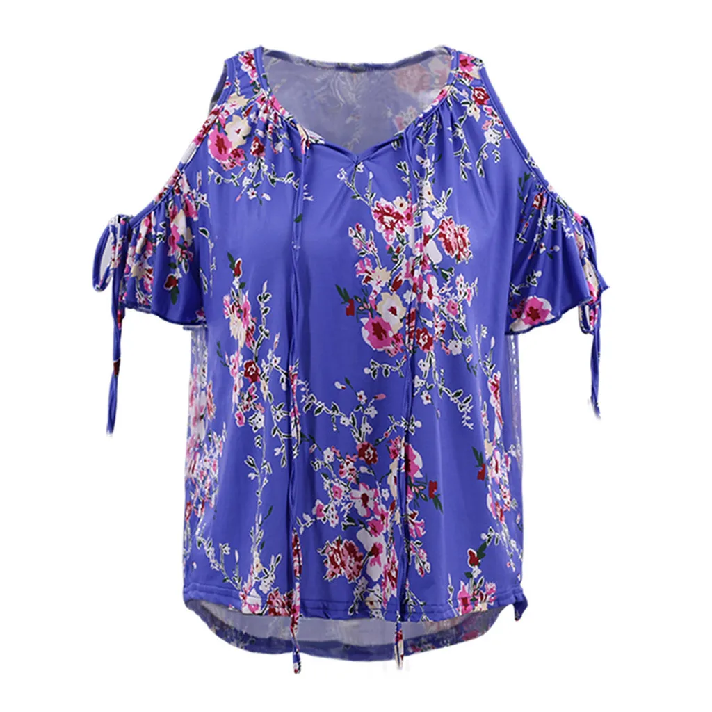 Летние женские топы и блузки размера плюс, одежда, винтажная Цветочная блузка с открытыми плечами, Женская туника, женские топы - Цвет: Синий