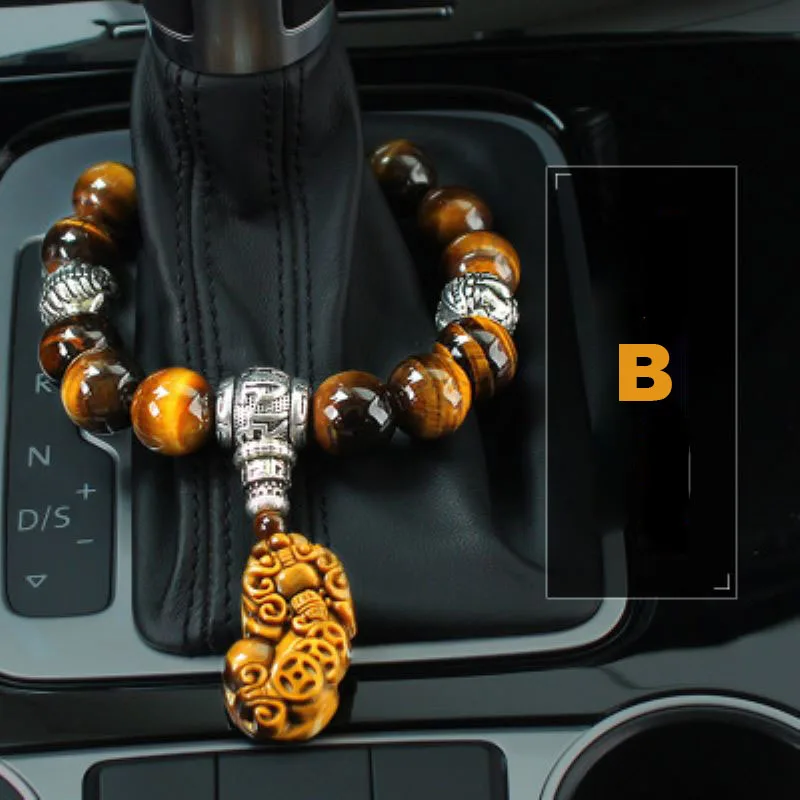 Car Ornament Natural Tiger Eye Stone Car Gear Bead Pendant Interior Gear Beads Peace Symbol Chinese Style Auto Decor Accessories - Color Name: B