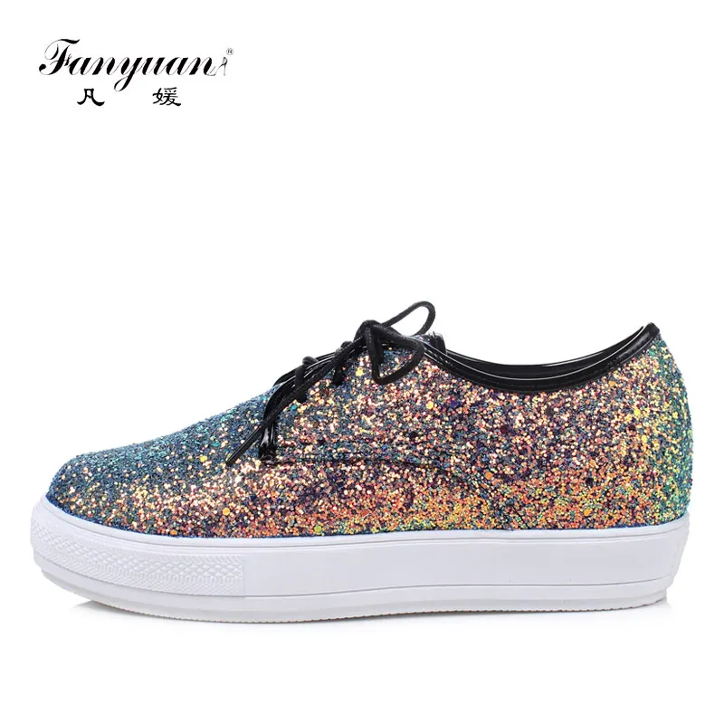 

Fanyuan spring Plus size women Platform flats luxurious Bling Party lady flats fashion Mixed color Lace-up girls Glitter shoe