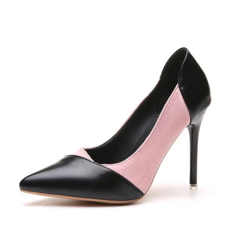 

Women Shoes 2018 Spring High Heel Shallow Mixed Colors Pointed Toe Sexy Party Shoes Professional Black Finger Temperament