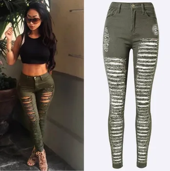 

Women Denim Skinny faux jeans High Waist Ripped Pants lady girl Stretch destroyed Long Pencil Trousers
