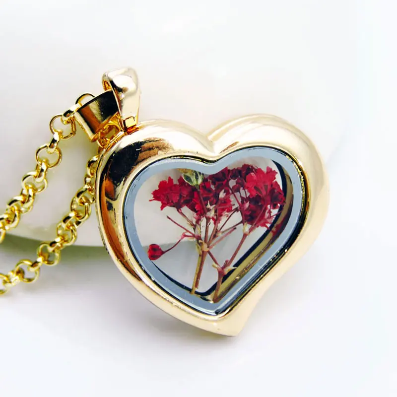 Gold heart shaped glass vial necklace new red flower crystal glass