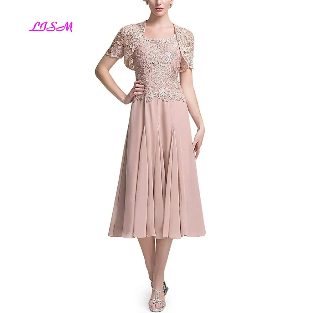 

Tea Length Mother of The Bride Dresses with Lace Jacket Elegant Chiffon Mother Dress 2019 Evening Gowns