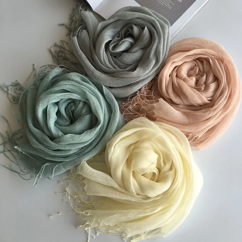 

Solid Color Linen Scarves All-matched Summer Autumn Wraps Long Tassel Scarf Shawl