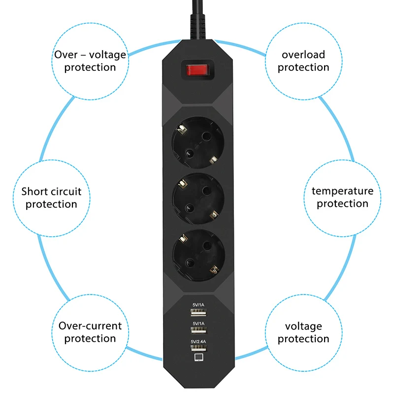 CLAITE умная USB лента питания 5 в 250 А 3 порта usb адаптер для зарядки 4000 в 16A 1,8 Вт 3 розетки переменного тока ЕС вилка CE FC-Rohs м