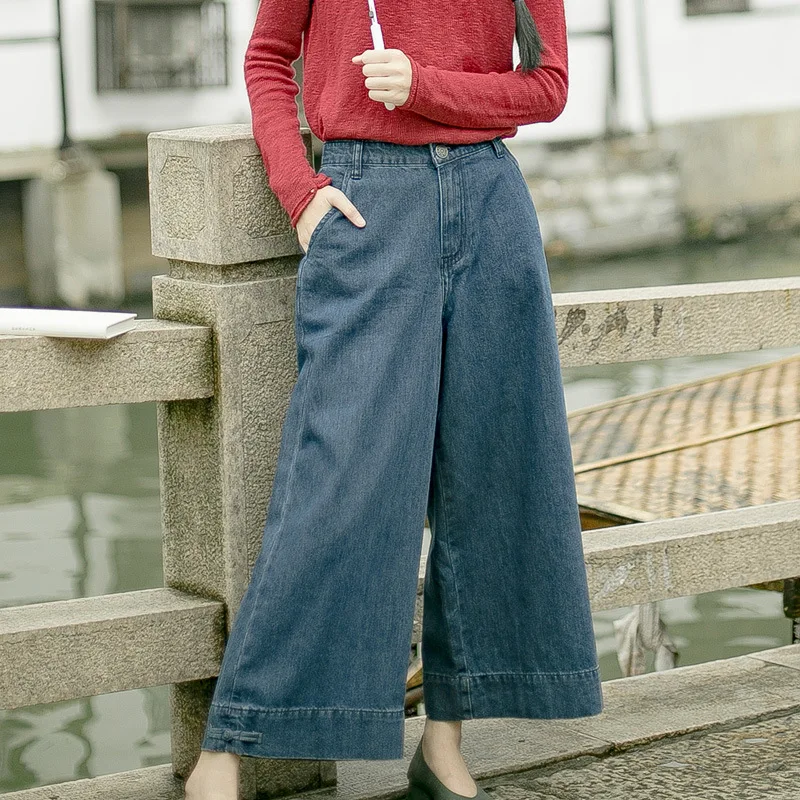 Осень Зима Высокая талия широкие брюки джинсы литературный ретро Национальный стиль брюки для девочек мотобрюки для женщин повседне