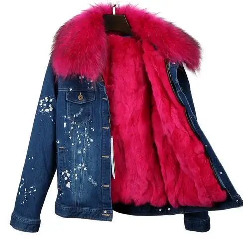 Брендовая Новинка, осенне-зимняя куртка, пальто, женская джинсовая куртка с дырками, настоящий большой воротник из меха енота, натуральный мех кролика, толстая теплая подкладка - Цвет: 11