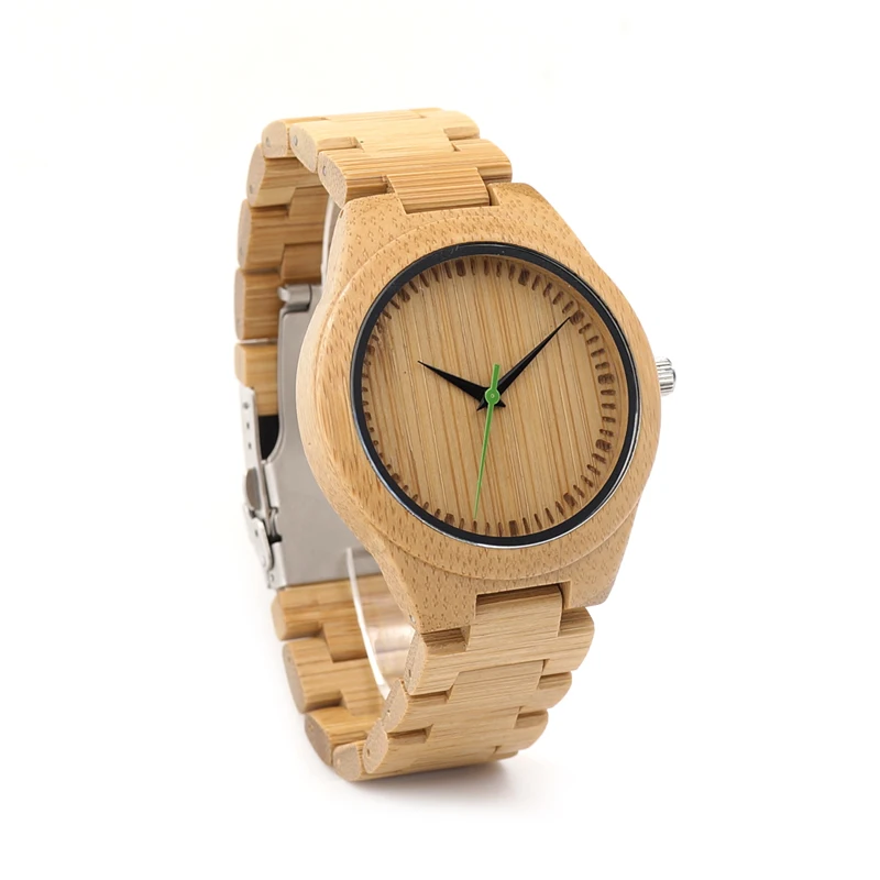 BOBO BIRD V-G26 Basic Mens Bamboo Wood Wristwatch Bamboo Face Green Second Quartz Watch with Bamboo Strap saat erkekler