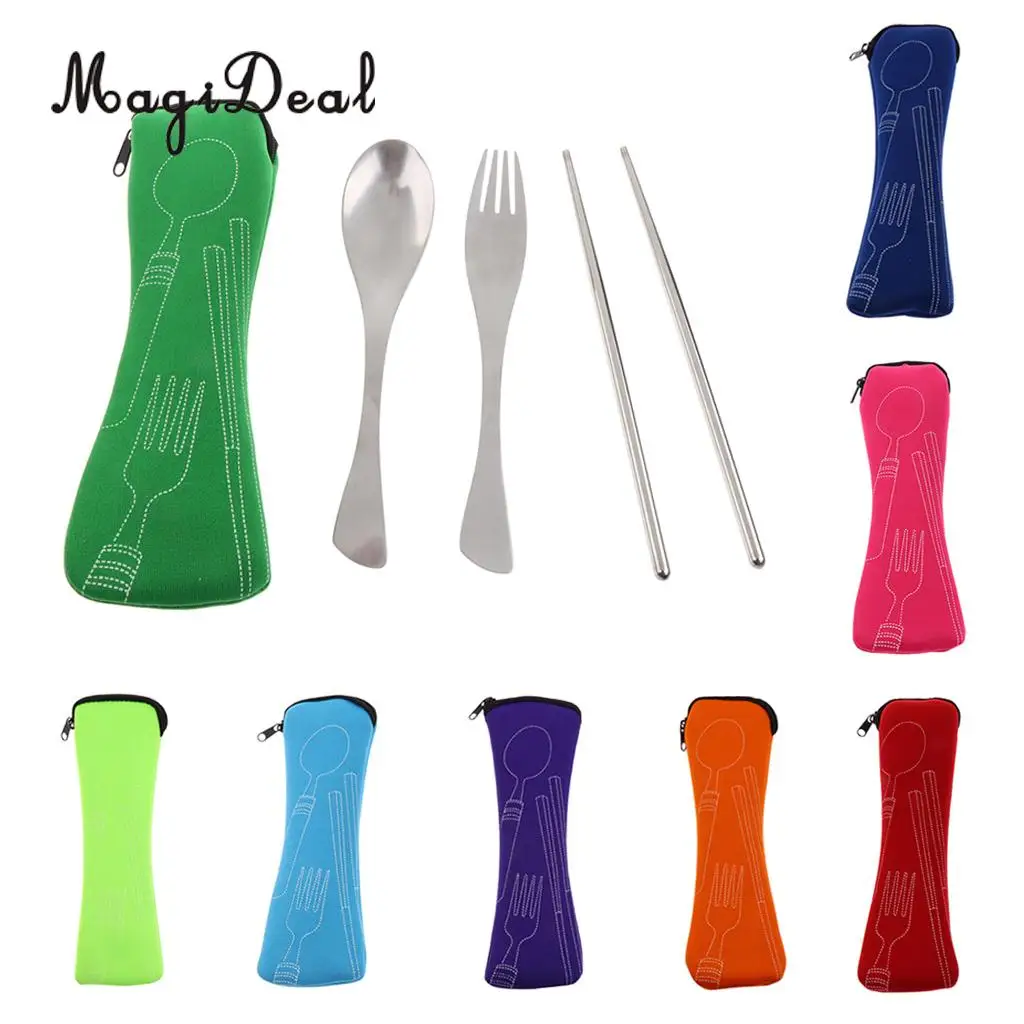 MagiDeal Stainless Steel Camping Tableware Outdoor Spoon Chopsticks Spoon Fork Picnic  BBQ Travel Portable Cutlery Set