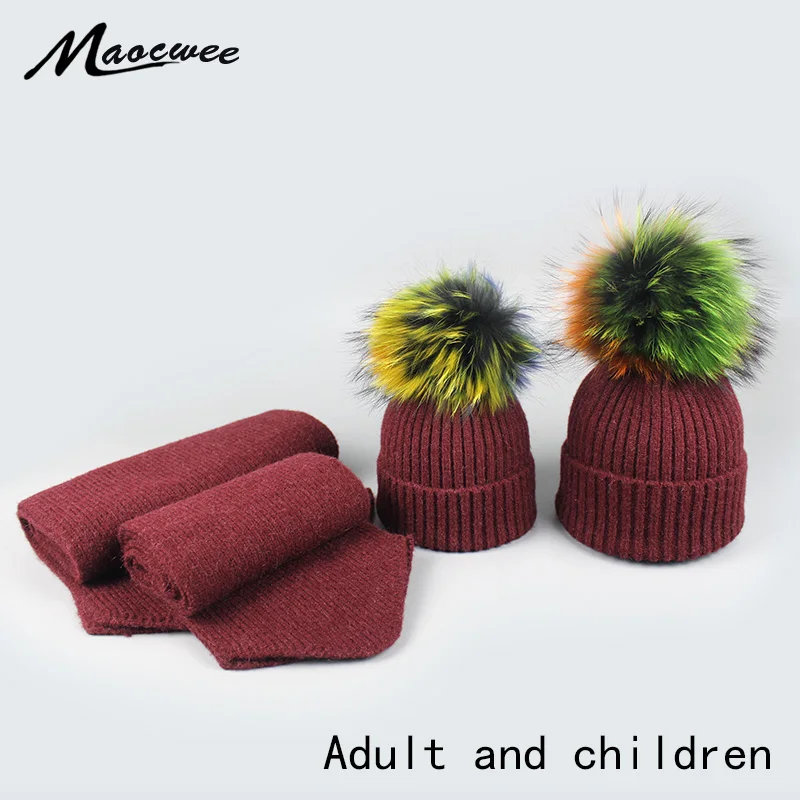 

Girl Boy Fur Pompom Hat Scarf Set Autumn Winter Warm Wool Knitting Nature Colorful Fur Pompon Hats Scarves Ski Caps Bones Gorros