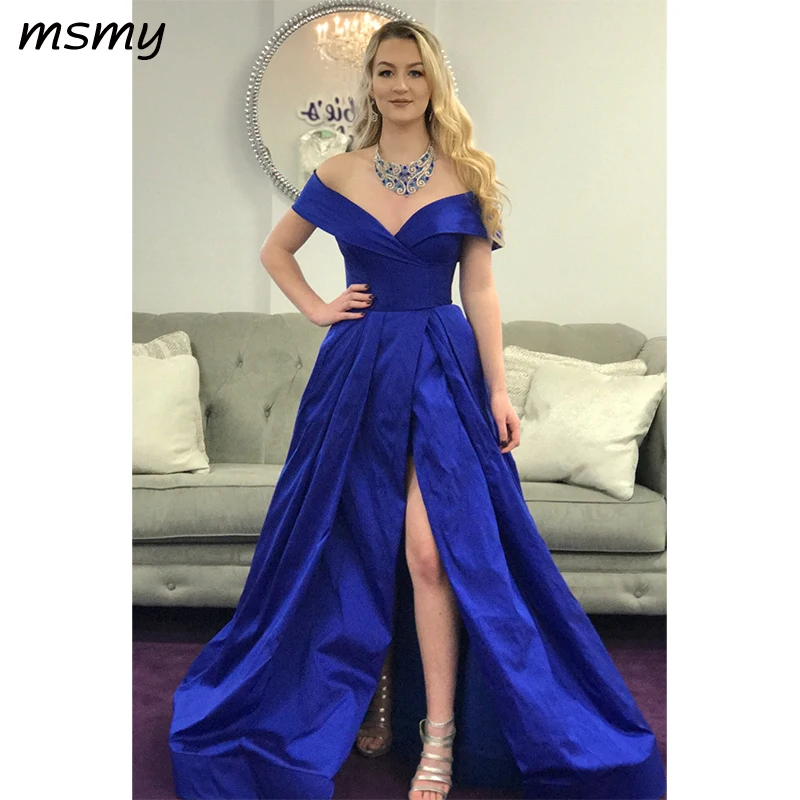 Off the Shoulder Royal Blue Long Prom Dress with Side Slit 139