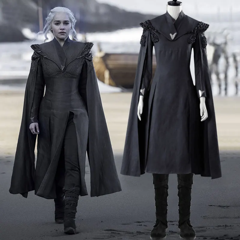 

Game of Thrones Season 7 Cosplay Daenerys Targaryen Costume Fancy Dress Black Outfit With Cloak Halloween Carnival Suit Boots