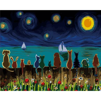 

40*50cm Starry night &cat diy acrylic canvas painting coloring by numbers pictures by numbers wall picture for living room RS175