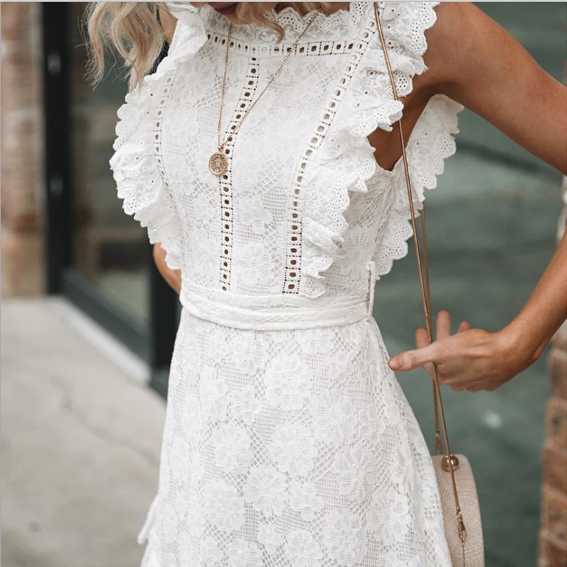 

High Street Summer Dress Straped Ruffles White Sexy Women Dress V-Neck Court Vintage Lace Hook Flower Sleeveless Mini Dress 2019