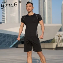 Компрессионный Быстросохнущий облегающий спортивный костюм из 2 предметов, Мужская футболка с короткими рукавами для фитнеса, зеленая черная футболка, брючный костюм, мужской комплект одежды с круглым вырезом