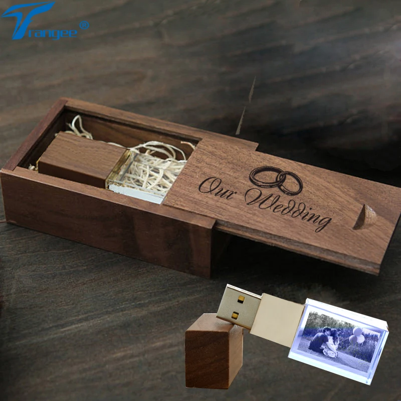 Деревянный кристалл USB флэш-накопитель персонализированное фото 4 ГБ 8 ГБ 16 ГБ 32 ГБ USB 2,0 Флешка+ коробка из грецкого ореха индивидуальный логотип для свадебных подарков
