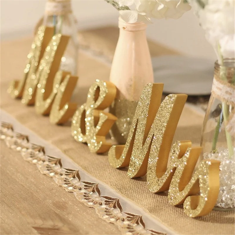 

3pcs/set DIY Festival Party Wedding Wooden Signs Home Decor Gold Powder MR & MRS Letters Ornaments Supplies Party Decoration