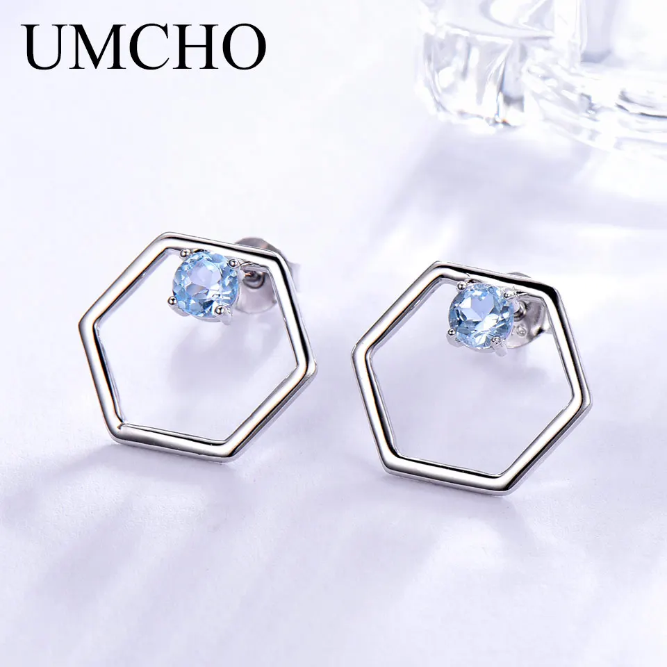 UMCHO натуральный, небесно-синий топаз драгоценный камень серьги 925 стерлингового серебра серьги гвоздики дизайнерские ювелирные изделия бренд тонкие серьги для женщин