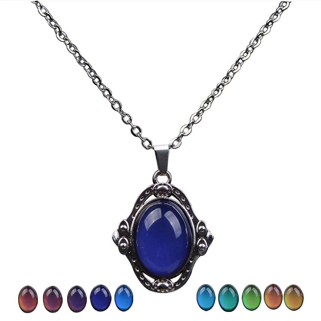 MagiDeal 2pcs Vintage Oval Stone Color Change Pendant Emotion Mood Necklace Woman Ladies Jewelry Gift