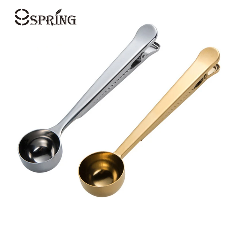 

Stainless Steel Coffee Scoop Tea Coffee Measuring Spoon Sealing Clip Gold Silver Ground Coffee Scoop with Bag Clip Kitchen Tools