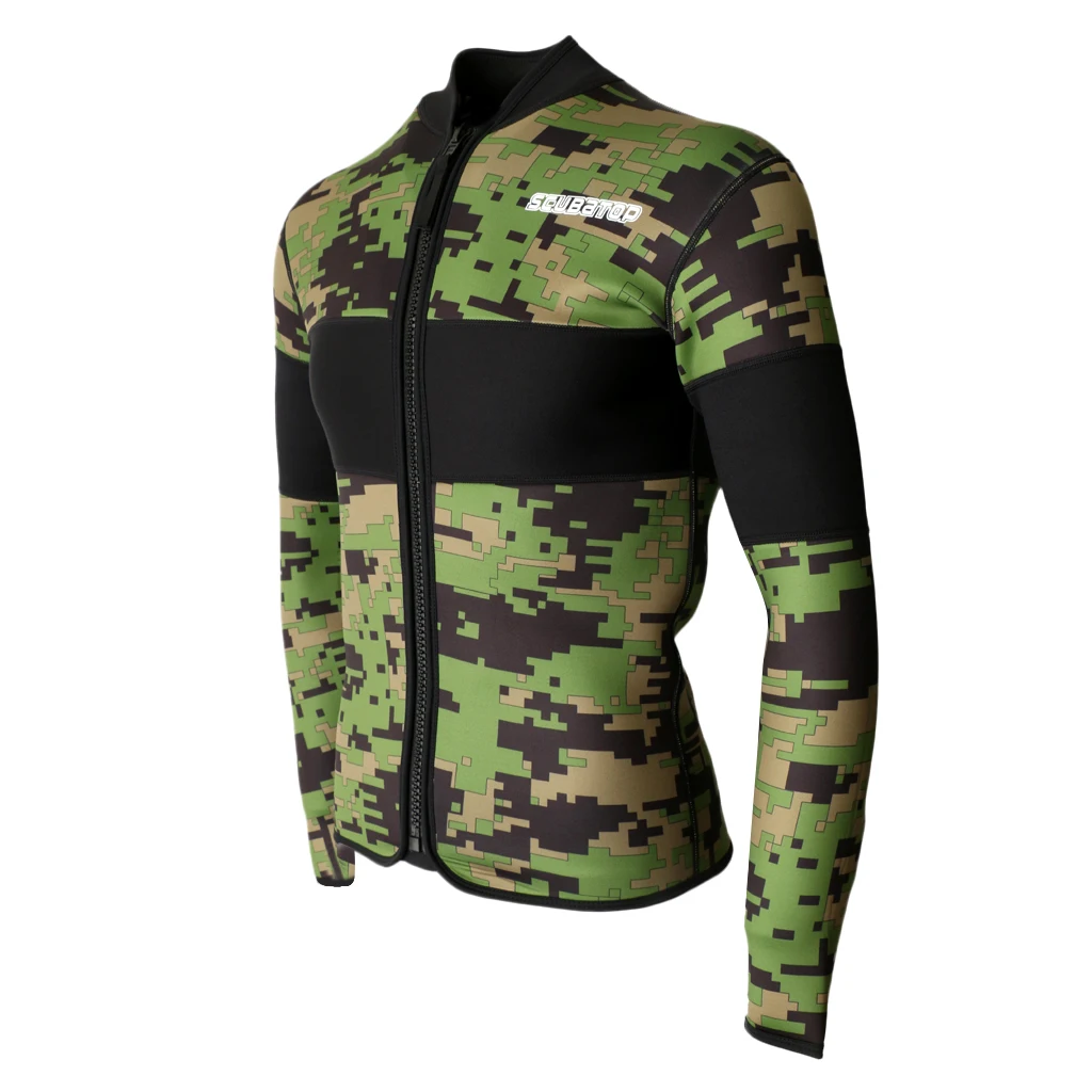 2.5mm Neoprene Green Camo Scuba Diving Wetsuit Top Snorkel Surf Jacket S/M/L/XL/XXL for Bodyboard Surfing Rafting Boating Acce