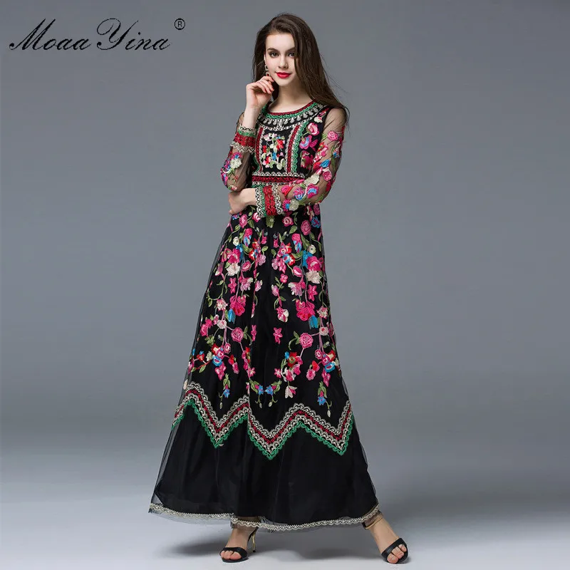MoaaYina, модное дизайнерское платье, весеннее, женское, длинный рукав, вышивка, сетка, цветы, повседневное, Ретро стиль, элегантное платье, высокое качество - Цвет: Черный