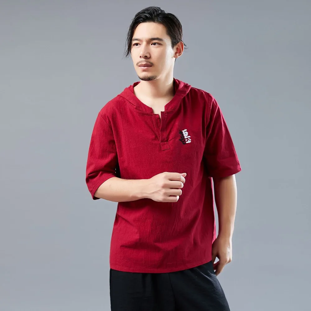 LZJN 2019 Men's Shirt Summer Style Hooded Short Sleeve Blouse Top Men New Casual Embroidery Cotton Linen Shirt Camisas De Hombre (13)
