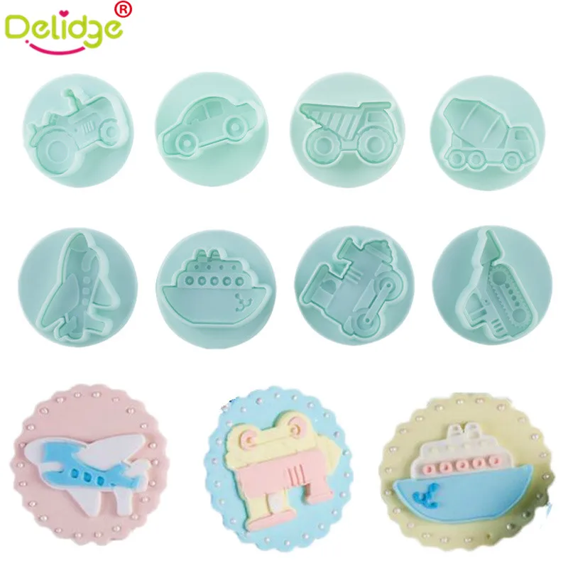 

Delidge 8 pcs/set Transportation Cookie Mold Plastic Aircraft Car Ship Train Fondant Cookie Press Cutter Cake Decorating Tools
